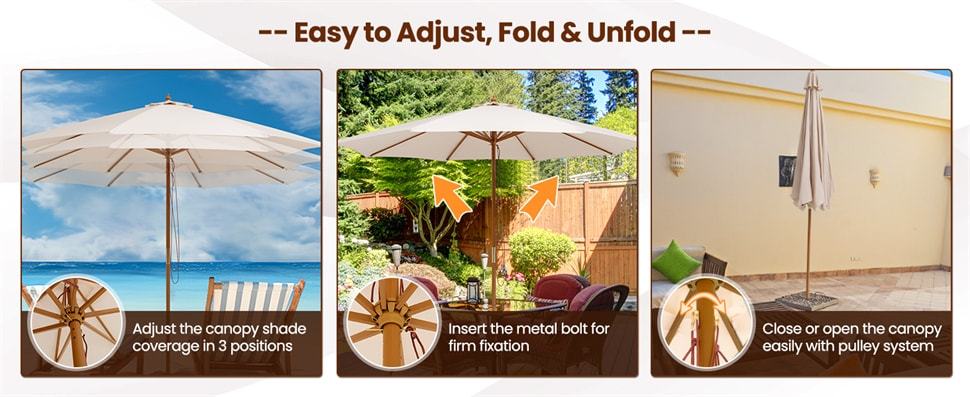 10FT Wooden Patio Umbrella with Rope Pulley Lift, 3 Height Adjustments, 8 Bamboo Ribs, Vented Roof Outdoor Table Umbrella for Poolside, Backyard
