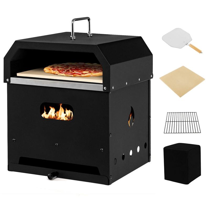 4-in-1 Multipurpose Outdoor Pizza Oven Wood Fired Pizza Oven 2-Layer Detachable Grill Oven & Fire Pit with Pizza Stone, Waterproof Cover for Camping