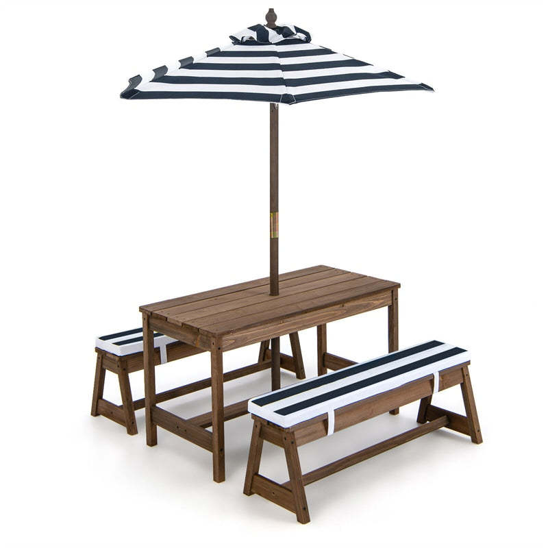 Kids Wooden Picnic Table with Benches, Adjustable Umbrella & Removable Cushion, Outdoor Toddler Furniture Set for Patio Garden Backyard, Ages 3+