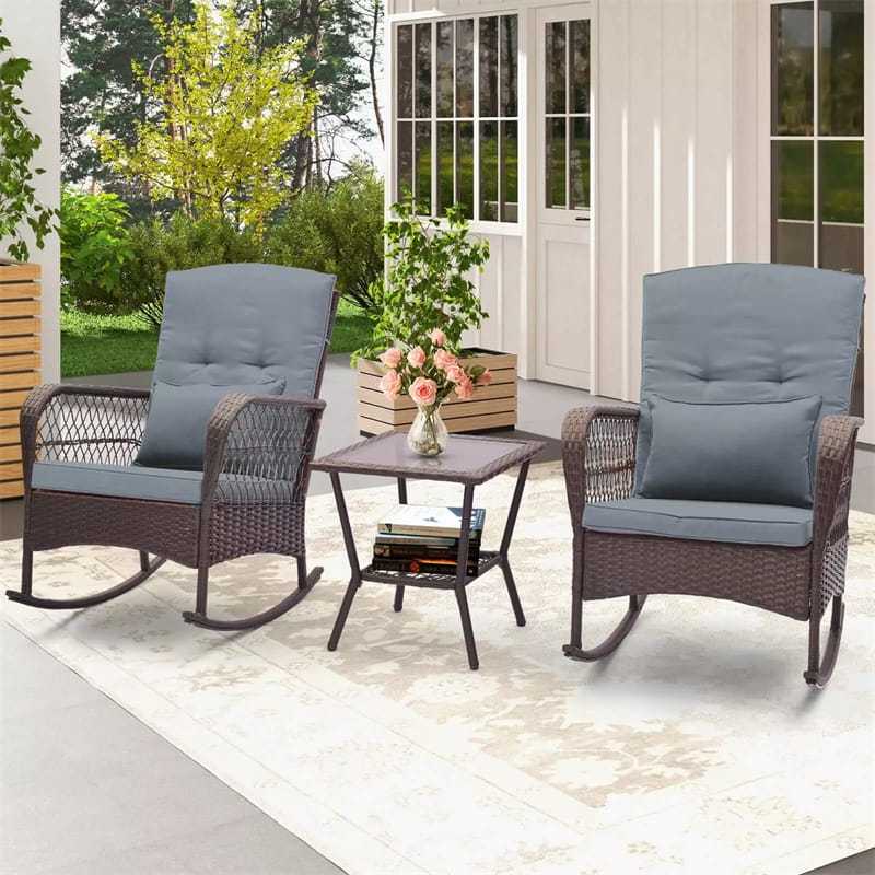 3-Piece Rattan Patio Rocker Set with 2 Rocking Chairs, Tempered Glass Coffee Table & Cushions, Outdoor Bistro Set for Porch, Poolside, Backyard