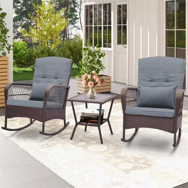 3-Piece Rattan Patio Rocker Set with 2 Rocking Chairs, Tempered Glass Coffee Table & Cushions, Outdoor Bistro Set for Porch, Poolside, Backyard