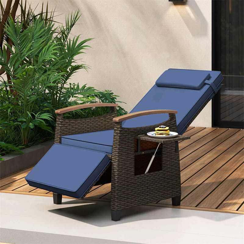 Outdoor Wicker Recliner Chair with Adjustable Backrest, Footrest, Flip Side Table & Cushion, Patio Rattan Chaise Lounge for Backyard Porch