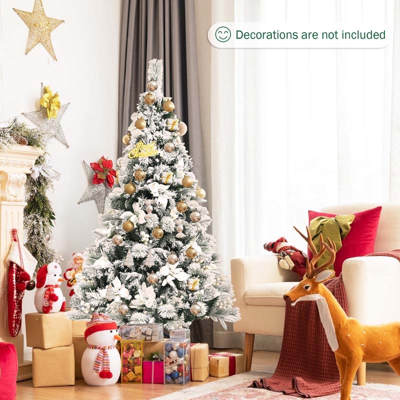 5FT Snow Flocked Hinged Christmas Tree with Berries and Poinsettia Flowers