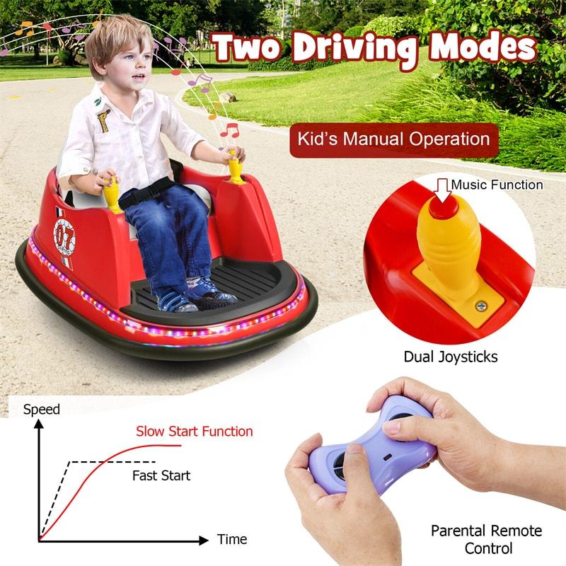 Kids Bumper Car, 12V Battery-Powered Electric Ride-On Bumper Car with 360° Spin, Dual Joysticks, Remote Control & Flashing Lights for Ages 2-5