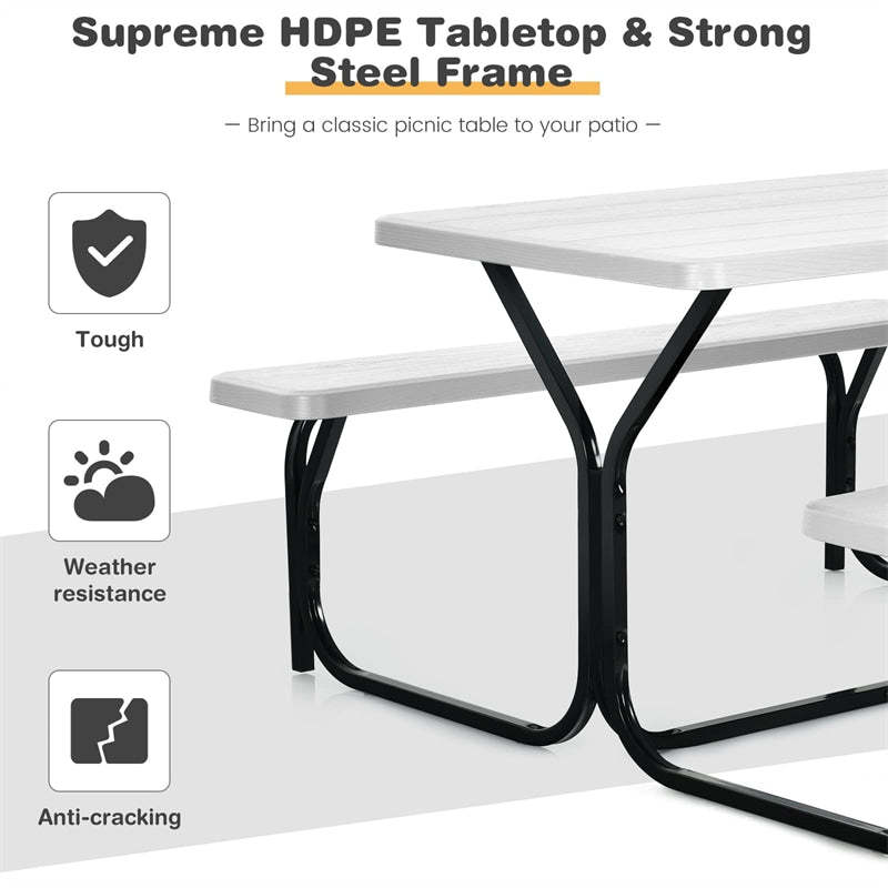 Outdoor Picnic Table Bench Set, All-Weather Metal Frame Camping Table with Built-in Benches & Wood-Like Tabletop for Backyard, Patio, Poolside