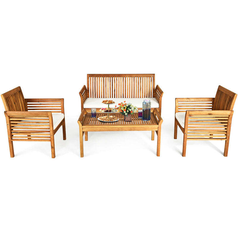 4 Piece Outdoor Acacia Wood Sofa Set with Waterproof Cushions & Coffee Table, Wooden Patio Conversation Set for Backyard, Poolside, Garden