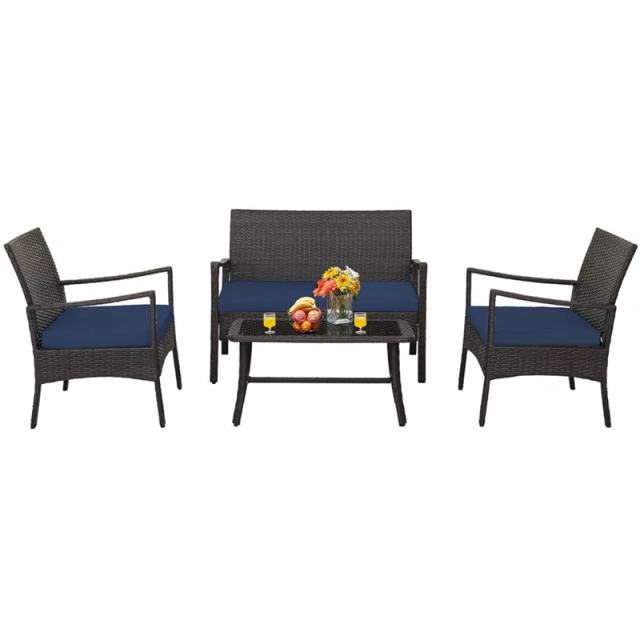 4 Piece Patio Rattan Furniture Set PE Wicker Loveseat Chairs with Seat Cushions, Tempered Glass Coffee Table, Outdoor Conversation Set