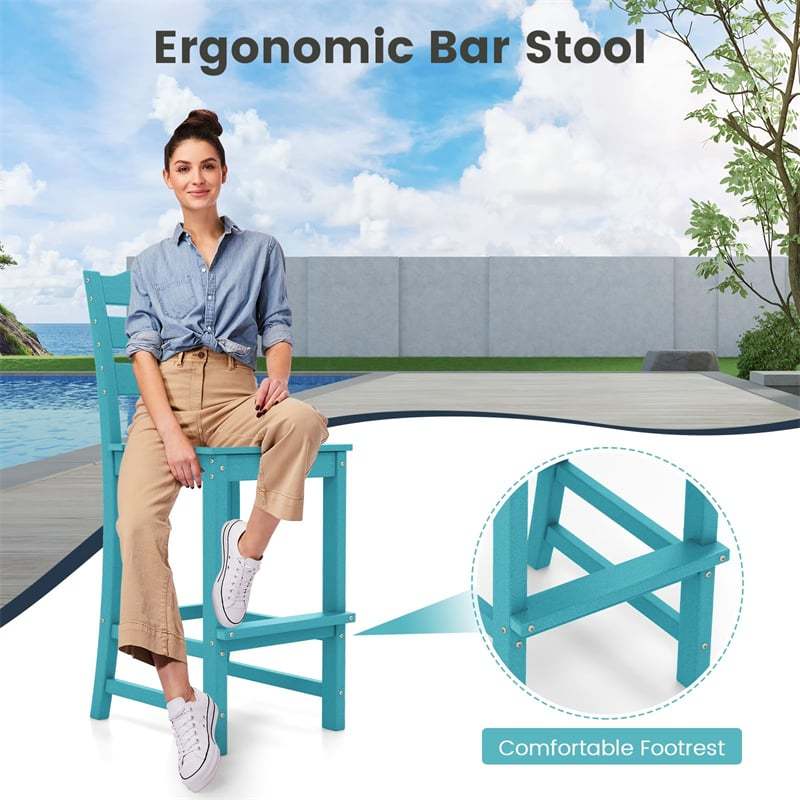Outdoor HDPE Bar Stools Set of 2, 30" Tall All-Weather Patio Bar Chairs with Backrest & Footrest for Garden, Backyard, Easy Maintenance