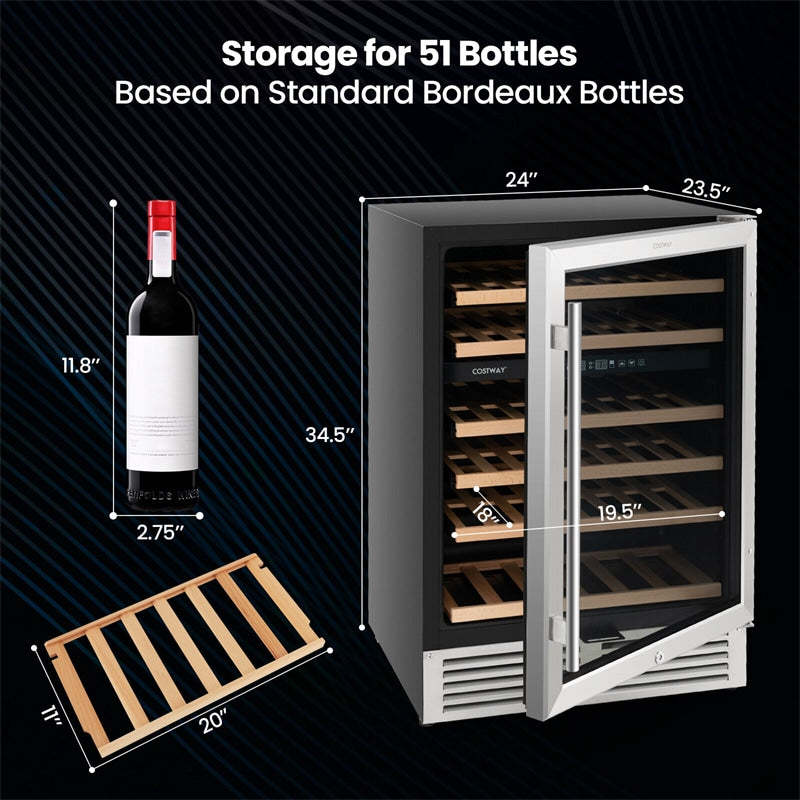 24" Dual Zone Wine Cooler, 51-Bottle Built-in & Under Counter Wine Fridge with Tempered Glass Door & Lock, Freestanding Wine Refrigerator for Home Bar