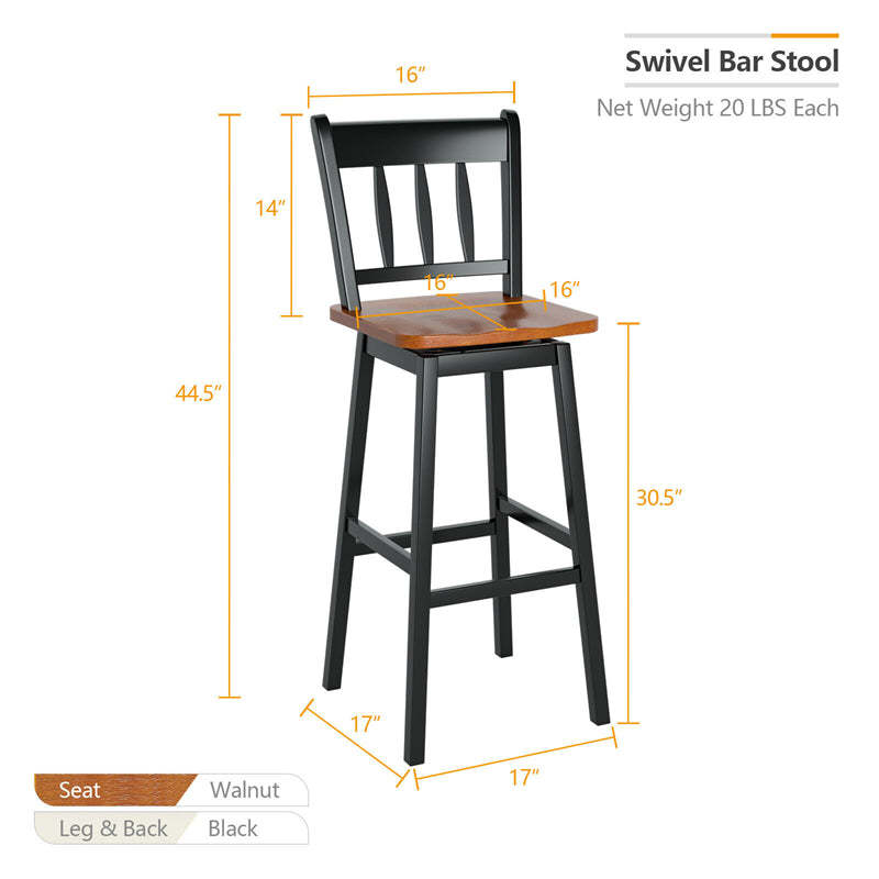 30.5" Swivel Bar Stools Set of 2 Solid Rubber Wood Bar Height Chairs with Footrests for Kitchen Dining Counters Pub