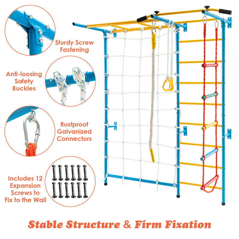 7-in-1 Climbing Toys Toddlers Kids Indoor Jungle Gym Steel Swedish Ladder Wall Set with Pull-up Bar & Gymnastic Rings