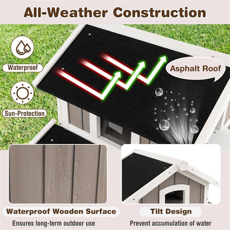 2-Story Outdoor Feral Cat House Weatherproof Wooden Kitty Shelter Pet House Habitat with Escape Door Removable Floor PVC Curtains Flower Box