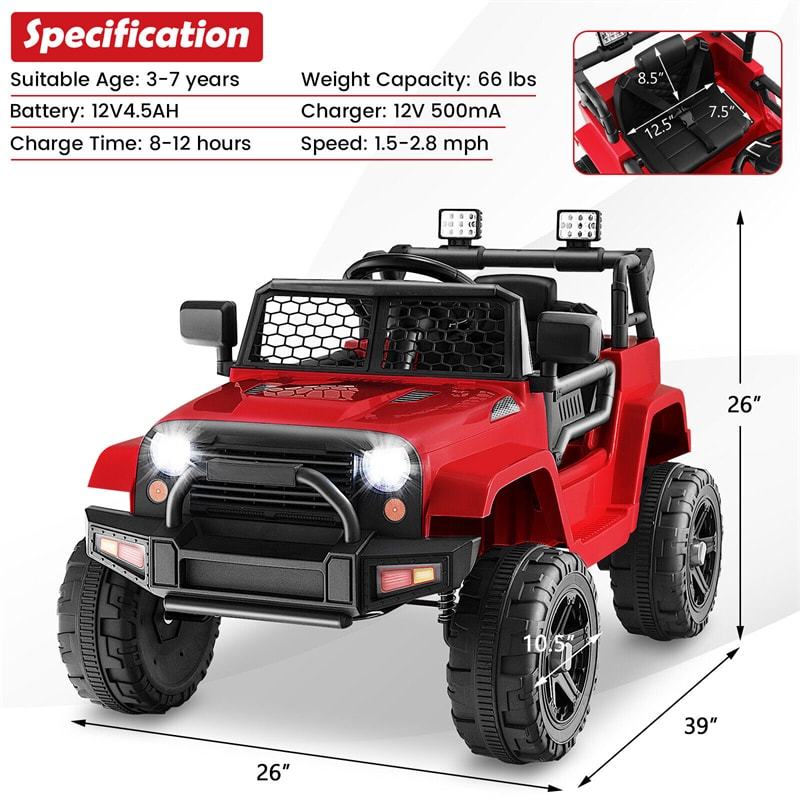 12V Kids Ride-On Truck, Battery Powered Electric Vehicle with Remote Control, Headlights, Music, Ride-On Cars for Boys & Girls