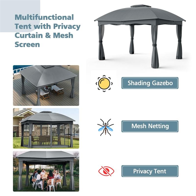 2 x 10FT Heavy Duty Steel Patio Gazebo, Double Vented Outdoor Canopy with Mesh Screen Netting & Zippered Privacy Curtains for Deck Garden Yard