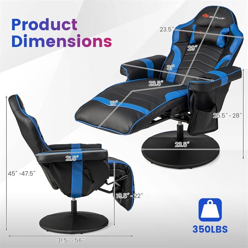 Gaming Recliner Adjustable Height Massage Gaming Chair with Retractable Footrest & Cup Holder, Ergonomic Swivel Video Game Chair Recliner Sofa