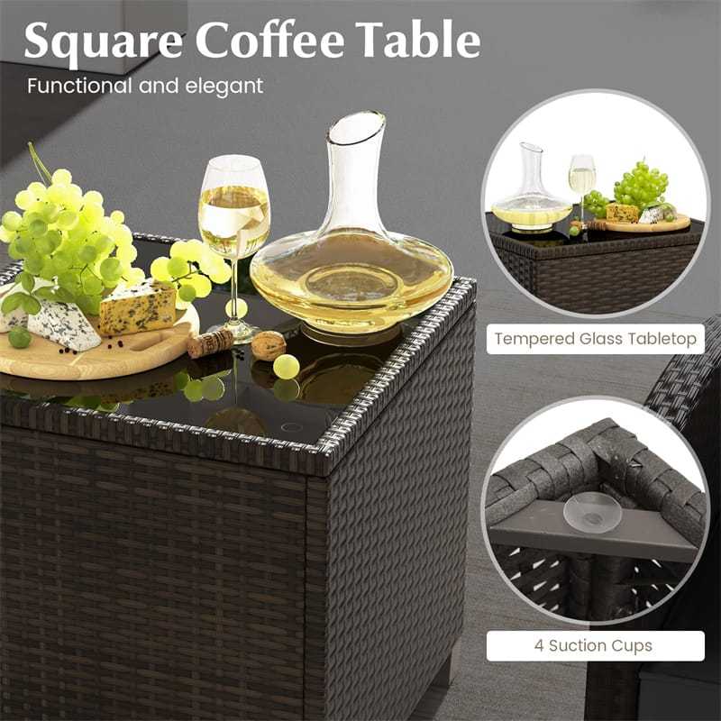 5-Piece Patio Rattan Furniture Set, Cushioned Wicker Chairs with 2 Ottomans & Glass Coffee Table, Outdoor Sectional for Porch Backyard Poolside