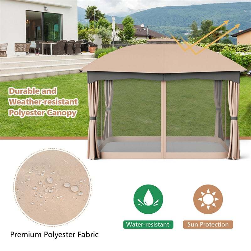2 x 10FT Heavy Duty Steel Patio Gazebo, Double Vented Outdoor Canopy with Mesh Screen Netting & Zippered Privacy Curtains for Deck Garden Yard