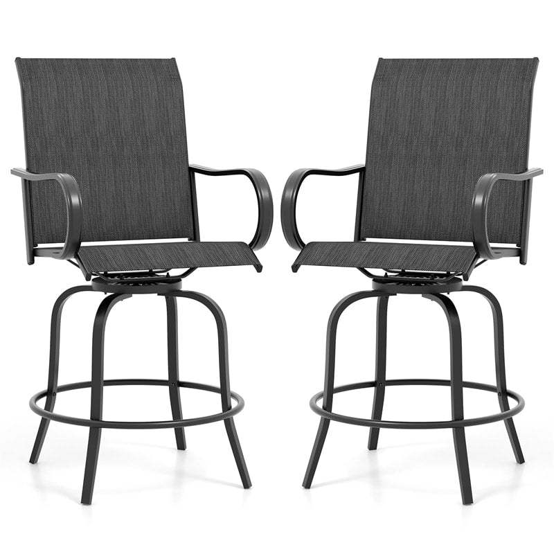 Outdoor Swivel Bar Stools Set of 2, All-Weather Steel Frame Bar Height Patio Chairs with Curved Armrests, High Back & Cozy Footrest