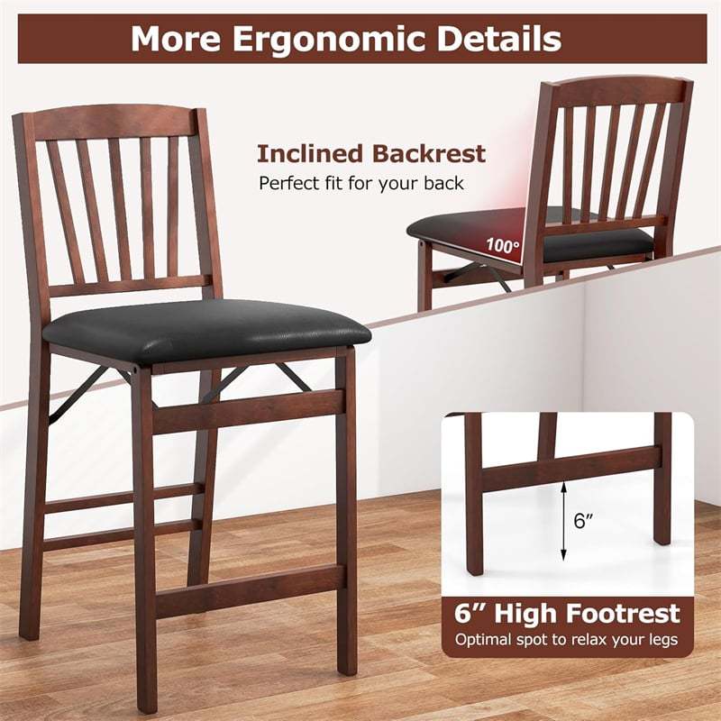 Set of 2 Folding Bar Stools, 24.5" Kitchen Island Counter Height Chairs with Padded Seats, Footrests & Rubber Wood Legs