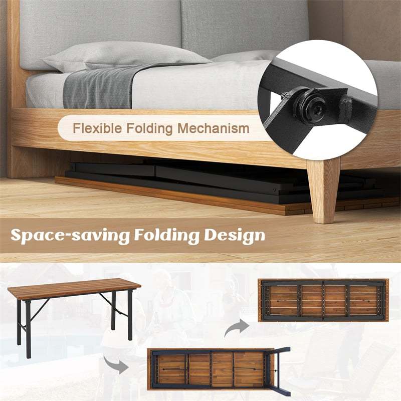 59" Outdoor Folding Picnic Table with Acacia Wood Top & Metal Frame, Portable Rectangular Dining Table for Garden, Yard, Patio & Indoor Activities