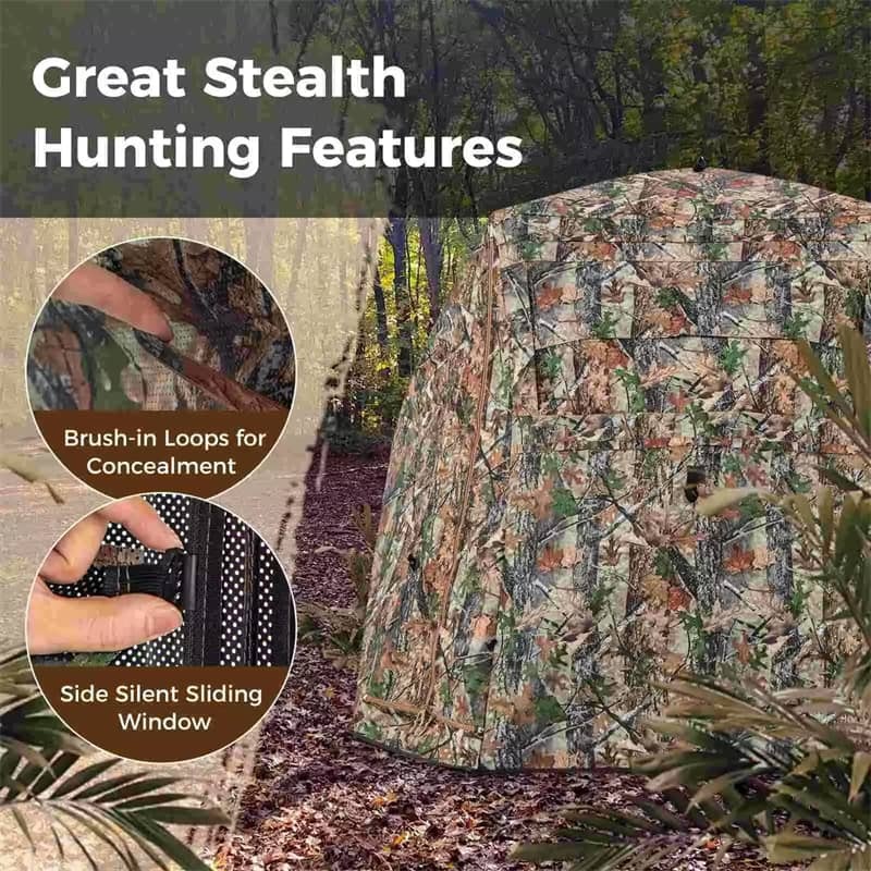360° One-Way See-Through Hunting Blind with 4 Adjustable Windows & Openings, Pop-up Stakeout Camouflage Ground Blind for Deer Turkey Hunting