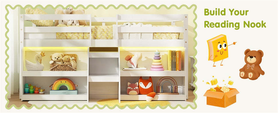 Twin Low Loft Bed for Kids, Wooden Loft Bed with Adjustable LED Lights, Stairs, Safety Guardrail, Storage Bookcase & Under Bed Play Area