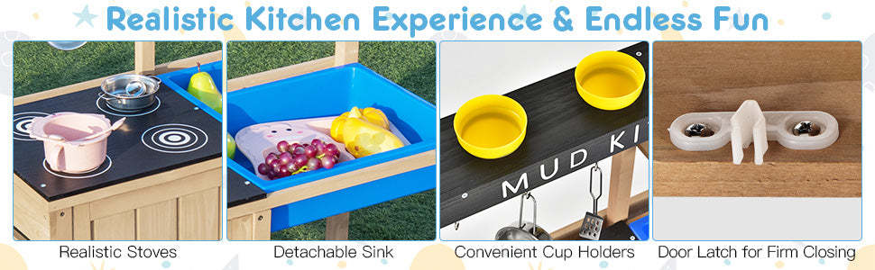 Outdoor Kids Mud Kitchen Playset Wood Pretend Play Toy with Kitchenware