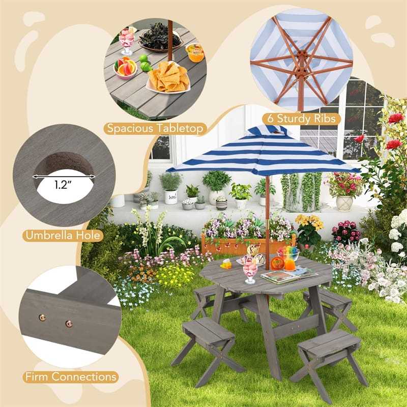 Kids Picnic Table & Bench Set, Fir Wood Octagon Table with Chairs & Removable Umbrella, Toddler Activity Furniture for Patio Garden Backyard