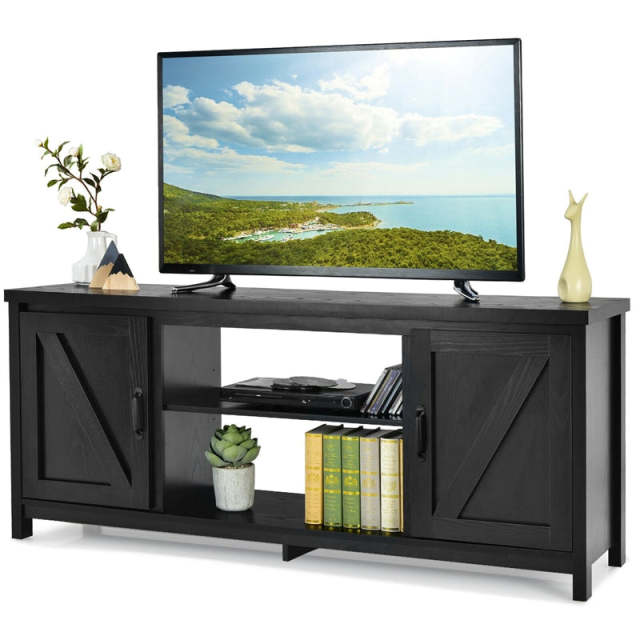 59" Fireplace TV Stand for TVs Up to 65", Farmhouse Wooden Media Console Table with Barn Doors, Storage Cabinet, Adjustable Shelves