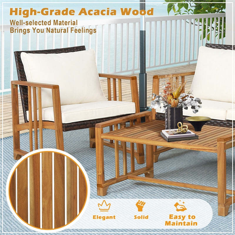 4 Piece Outdoor Wicker Sofa Set Patio Rattan Conversation Set Acacia Wood Frame Furniture Set with Seat & Back Cushions