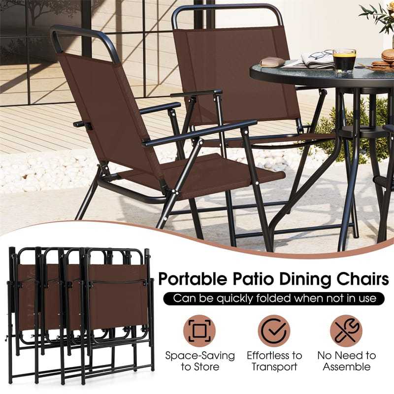 6 Piece Patio Dining Set Outdoor Folding Chairs Set with Tempered Glass Table & Tilt Umbrella, Portable Patio Table and Chairs for Lawn Garden Yard