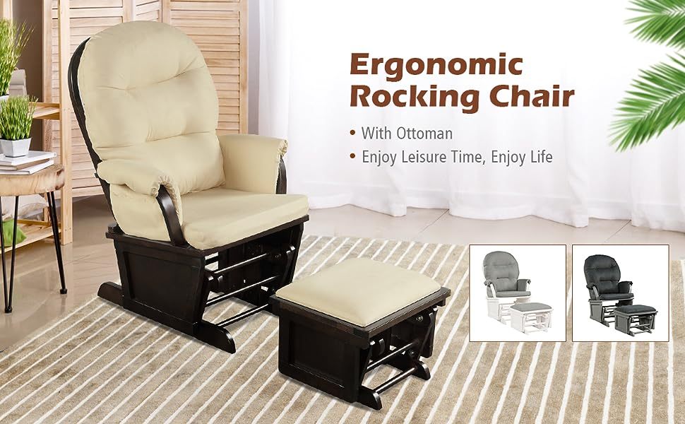 Wood Baby Glider and Ottoman Cushion Set Baby Nursery Rocking Chair with Padded Armrests & Detachable Cushion