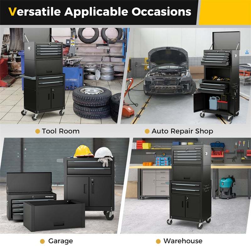 6 Drawer Rolling Tool Chest, 3-in-1 Extra Large Tool Storage Cabinet with Lockable Wheels & Auto Lock, Heavy-Duty Tool Box for Garage, Workshop