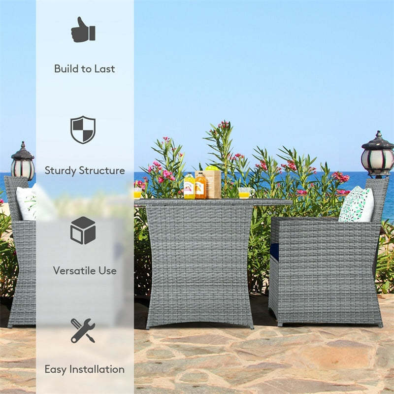 3 Piece Space-Saving Patio Rattan Bistro Set with Cushioned Armchairs & Coffee Table