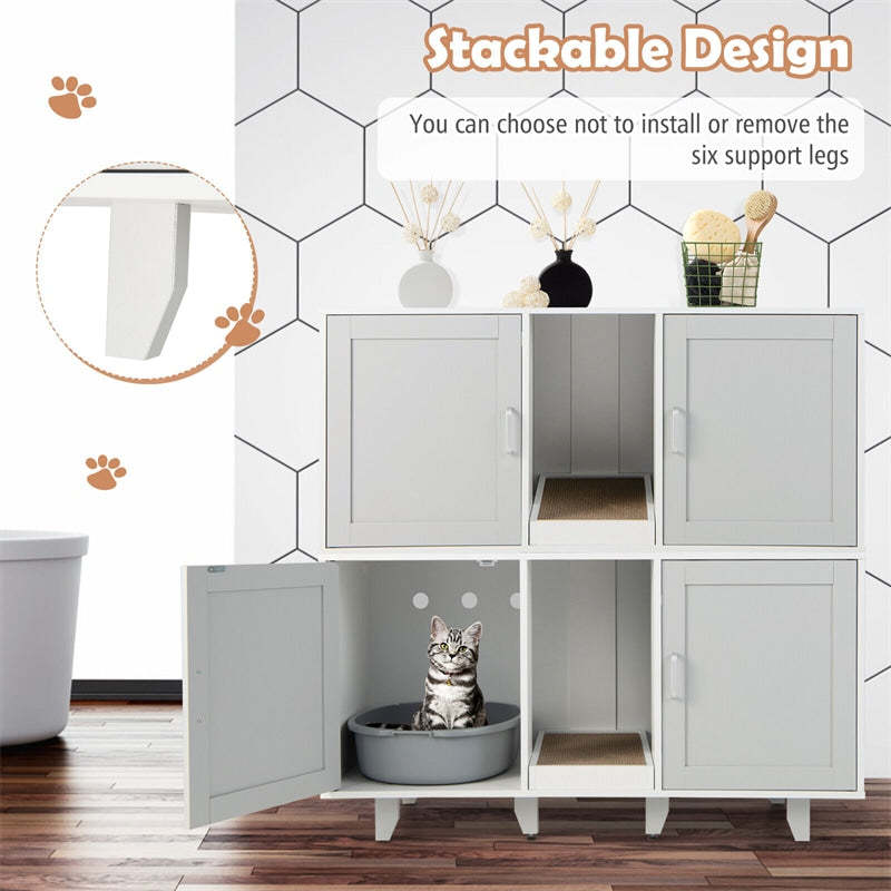 Double Cat Litter Box Enclosure, Large Hidden Cat Washroom Furniture with 2 Cabinets & Scratching Board, Cat House TV Stand Side Table