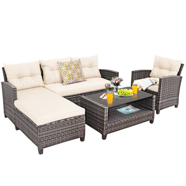 4-Piece Patio Rattan Conversation Set, Wicker Outdoor Sectional Sofa with 2-Tier Coffee Table & Cushions for Poolside, Backyard & Garden
