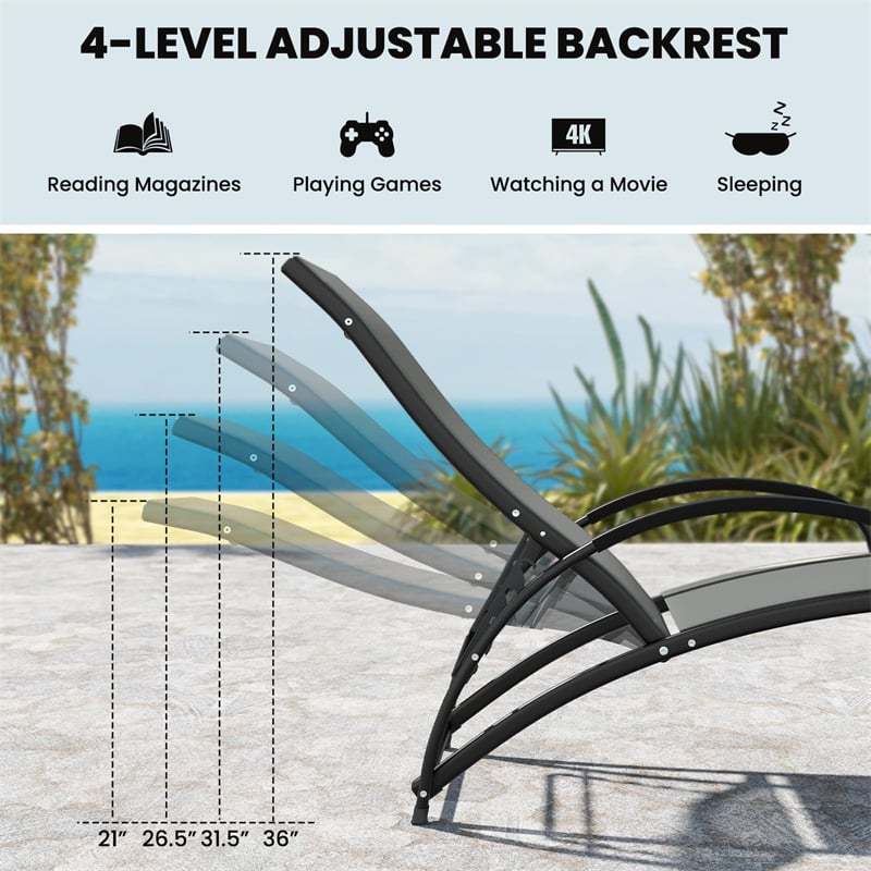 2-in-1 Outdoor Rocking Chair, Convertible Patio Lounge Chair with 4-Position Adjustable Backrest, Curved Armrests & Aluminum Frame for Poolside, Porch