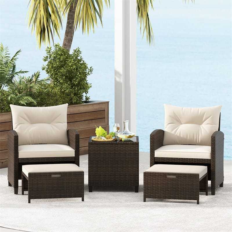 5-Piece Patio Rattan Furniture Set, Cushioned Wicker Chairs with 2 Ottomans & Glass Coffee Table, Outdoor Sectional for Porch Backyard Poolside