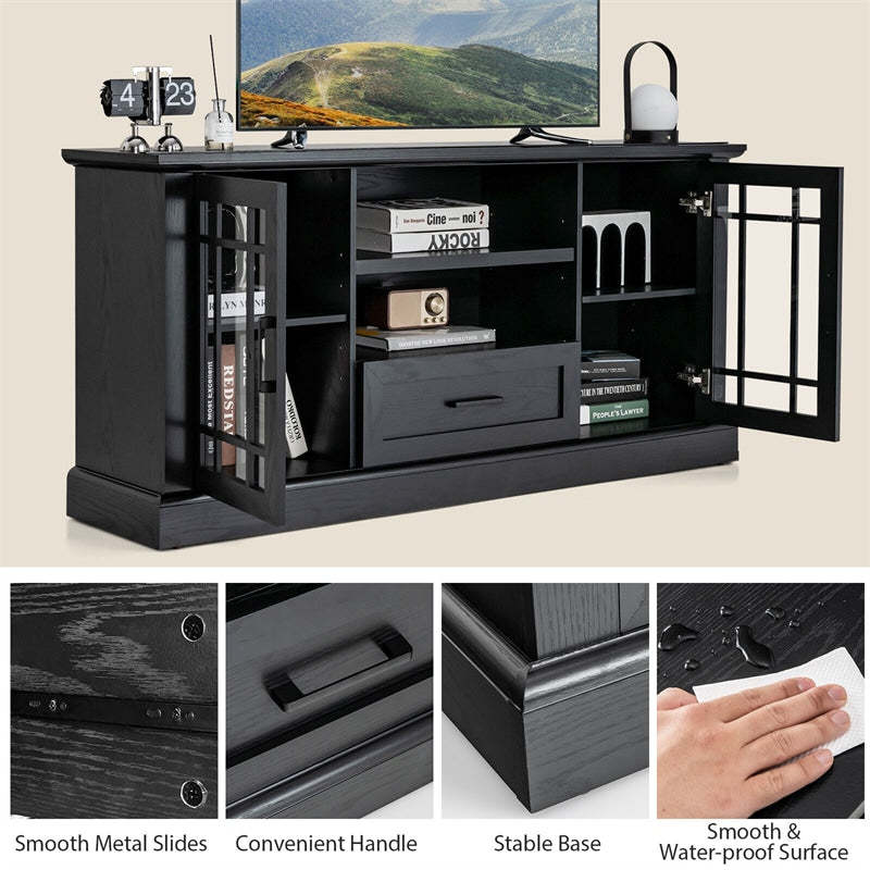 Farmhouse TV Stand for TVs up to 70 Inch, Tall Media Console Table with 2 Glass Doors Cubbies & Drawer
