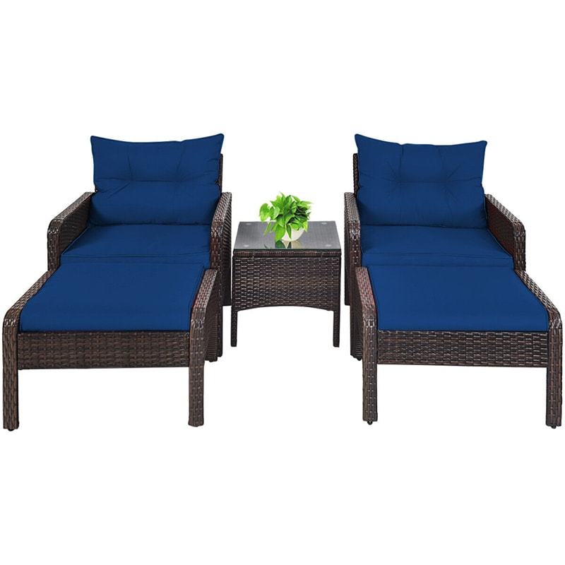 5 Pcs Rattan Patio Furniture Set Conversation Sofa Coffee Table Set with Cushioned Sofas & Ottomans