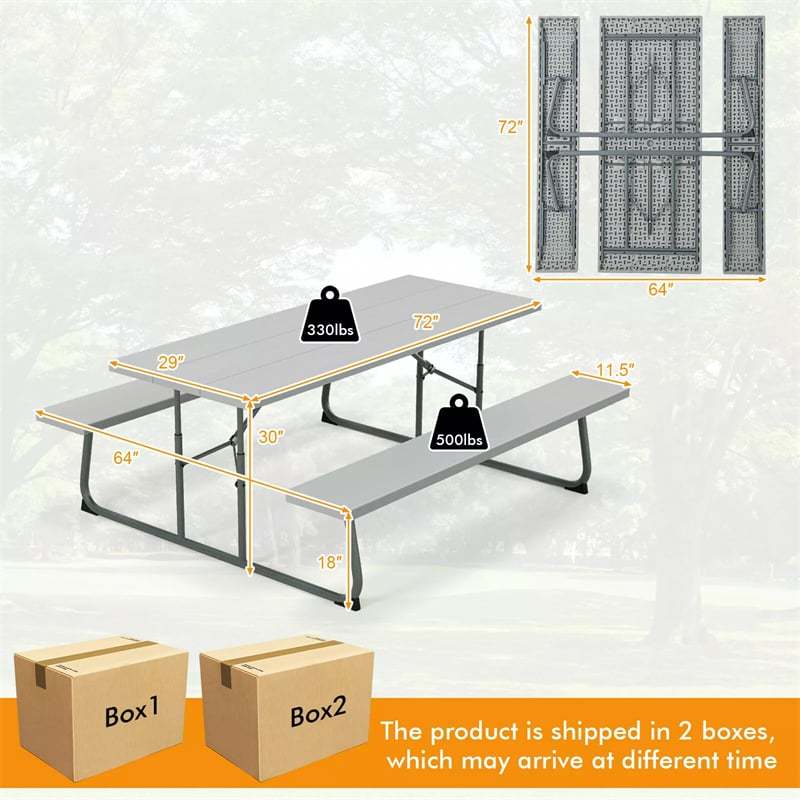 8-Person 6FT Folding Picnic Table & Bench Set, Heavy Duty All-Weather HDPE Outdoor Dining Table with Umbrella Hole & 2 Built-in Benches