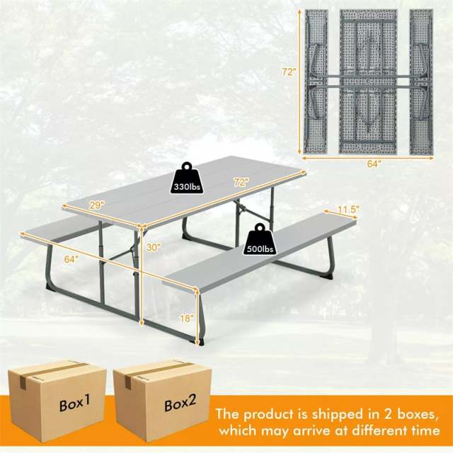8-Person 6FT Folding Picnic Table & Bench Set, Heavy Duty All-Weather HDPE Outdoor Dining Table with Umbrella Hole & 2 Built-in Benches