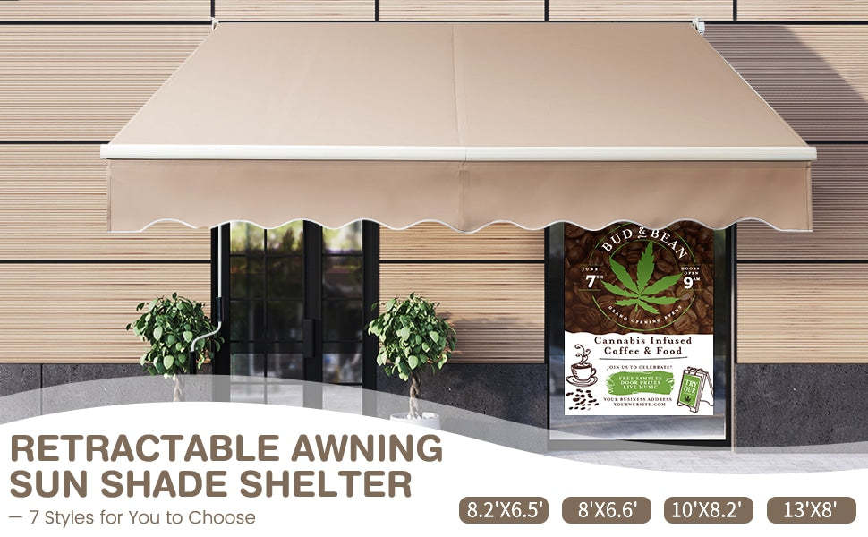 10' x 8' Retractable Patio Awning Aluminum Awning Outdoor Sun Shade with Crank Handle