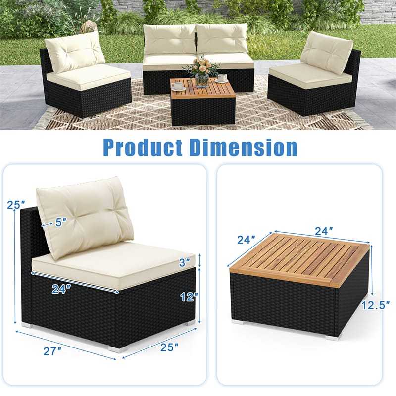 5 Piece PE Rattan Patio Sofa Set with Acacia Wood Top Coffee Table, Seat & Back Cushions, Wicker Outdoor Sectional Furniture for Backyard Garden