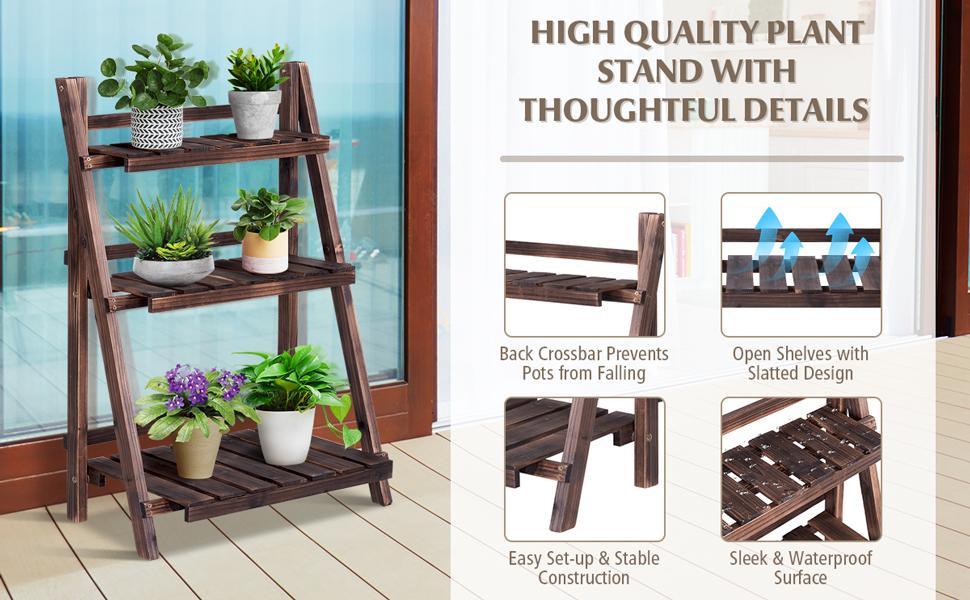 3 Tier Rustic Wooden Folding Plant Stand Flower Rack