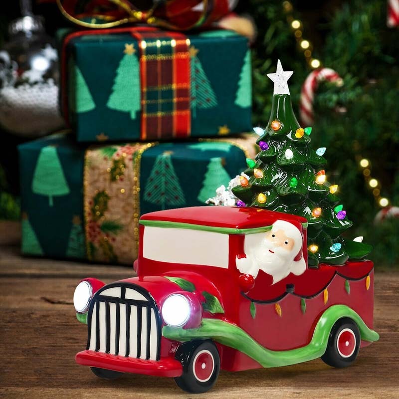 Vintage Tabletop Pre-Lit Ceramic Red Truck with Christmas Tree