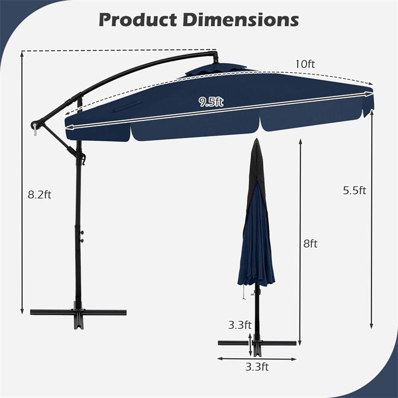 10FT Offset Cantilever Umbrella with Cover, Tilt Adjustment & Crank, 8-Rib Heavy-Duty Vented Ruffled Patio Umbrella for Poolside/Garden/Deck