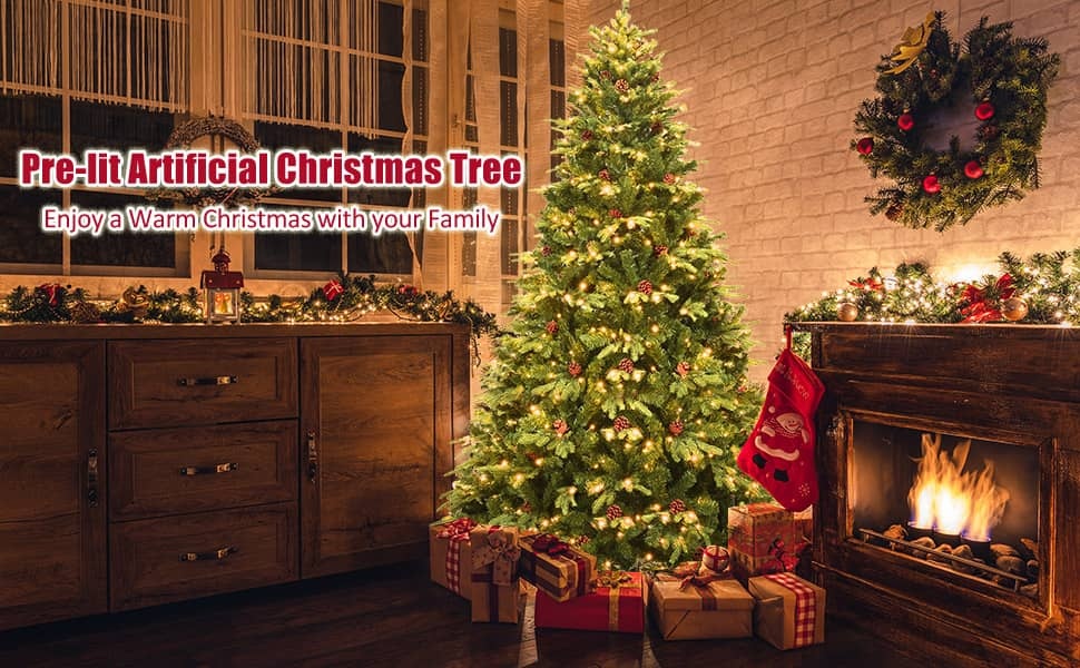 7/7.5/8 Feet Pre-Lit Artificial Christmas Tree Premium Spruce Hinged Tree with LED Lights & Pine Cones, Xmas Tree for Holiday Indoor Décor