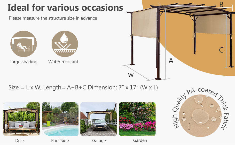17' x 7' Universal Canopy Replacement Cover, Waterproof Sun-Protective Pergola Shade Cover with 6 Copper Grommets & 4 Straps for Outdoor Sun Awning