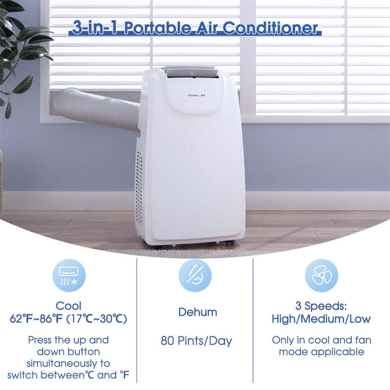 12000 BTU 3-in-1 Portable Air Conditioner with Cooling Fan Dehumidifier Function & Remote Control